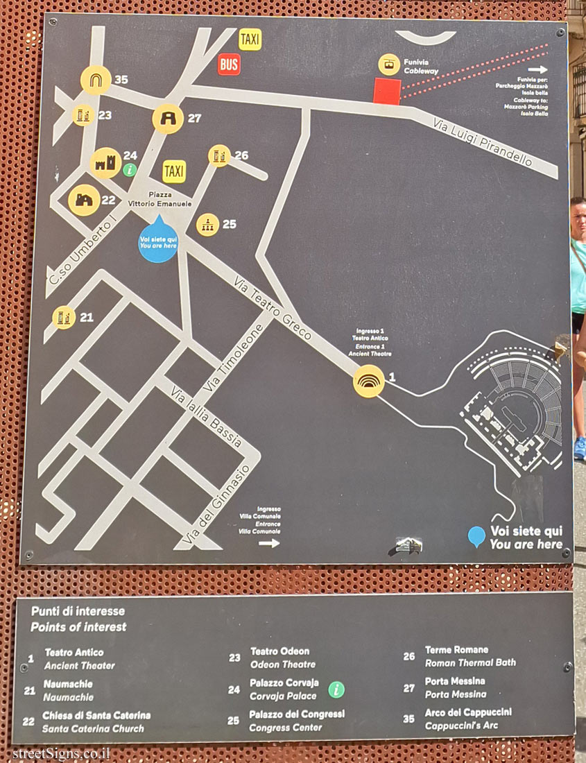 Taormina - the directional sign for the sites in the city in Piazza Vittorio Emanuele II - Via Teatro Greco, 1, 98039 Taormina ME, Italy